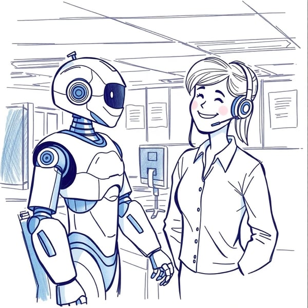 A color sketchnote depicting an AI robot helping a relieved and happy team leader in a contact center office. Hand-drawn style with visible lines and shading