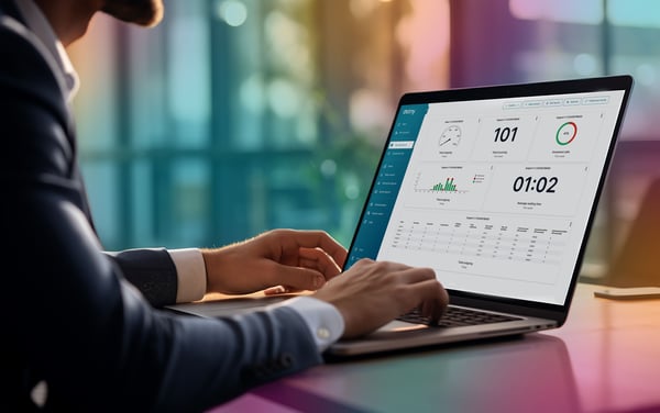 Man vid laptop som visar Dstny Analytics
