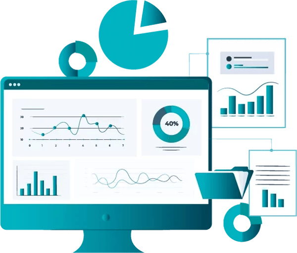 Datorskärm med rapportdata och olika fönster runtomkring