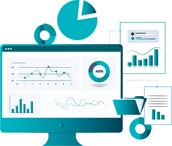 Datorskärm med rapportdata och olika fönster runtomkring